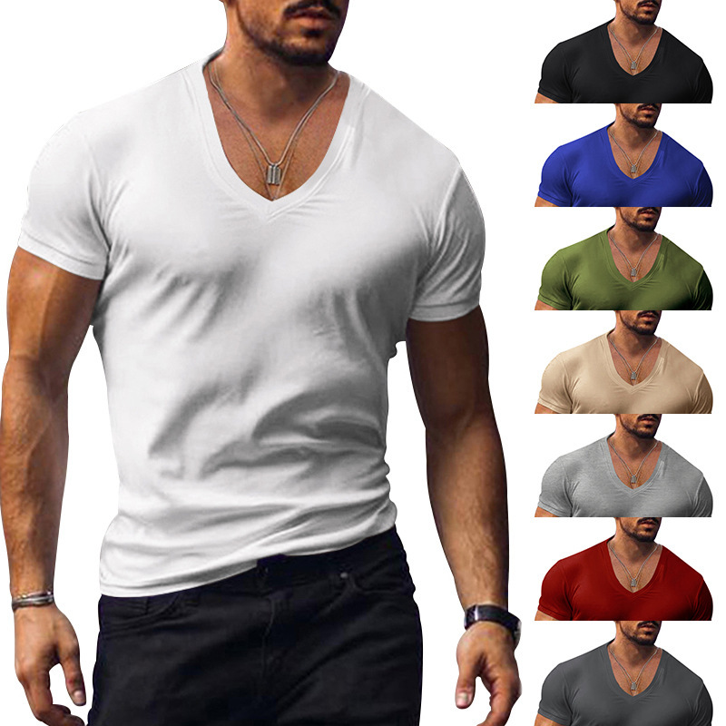 Amazon Cross-Border Men's T-Shirt European and American Summer Men's V-Neck Pure Color Slim Thin Casual T-Shirt Short-Sleeved Top