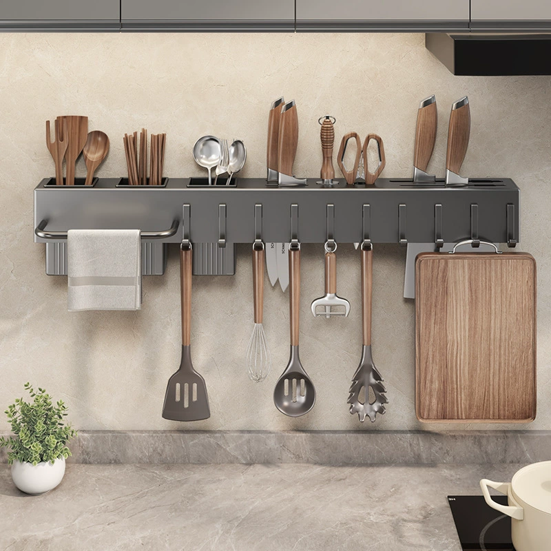 Kitchen shelf wall-mounted punch-free knife holder multi-function kitchen knife holder chopstick barrel integrated household multi-function cross