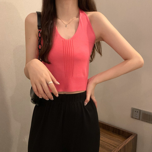 Hot girl halterneck lace-up camisole  new summer foreign trade off-shoulder pure lust wind ice silk knitted sleeveless top