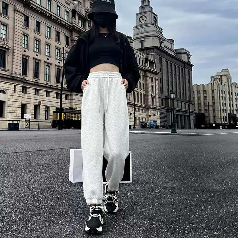 灰色运动裤女秋冬季2025新款加绒加厚小个子休闲百搭九分束脚卫裤