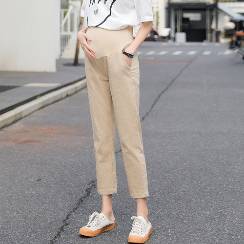  New Pregnant Women Casual Nine-Point Pants High Waisted Spring and Summer Thin Style Trendy Mom Adjustable Pregnant Women Small Person Maternity Clothes