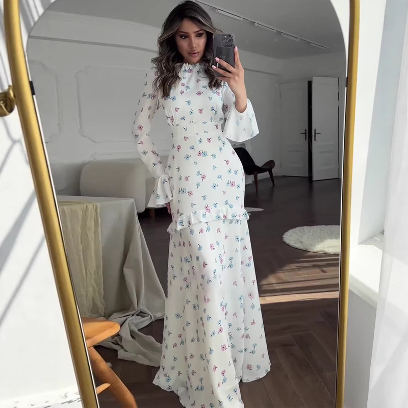 Long Dress Cross-Border 2024 European and American Floral Ruffle Gentle Style Amazon Fresh Spring White