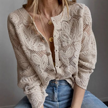 实拍-跨境爆款热卖纯色钩针镂空纽扣长袖通勤街头休闲风女士上衣