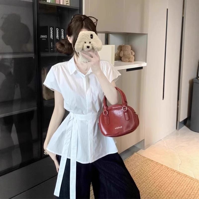 White Short-Sleeve Shirt for Women, Summer Hot-Selling Style, Plus-Size, Mid-Length A-Line Design, Tummy-Concealing, Waist-Cinching Top White Short-Sleeve Shirt for Women, Summer Hot-Selling Style, Plus-Size, Mid-Length A-Line Design, Tummy-Concealing, Waist-Cinching Top