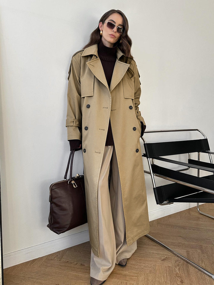 Áo khoác trench coat nữ dáng dài phong cách Âu Mỹ, chất liệu cotton, form rộng có dây thắt eo — Màu kaki, màu xám