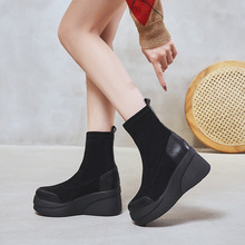 歐洲站秋冬新款女靴2021網紅彈力靴松糕厚底短靴內增高馬丁靴代發