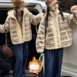 女童秋冬款费尔岛夹棉连帽棉服外套儿童毛毛加绒外套大童加厚棉衣