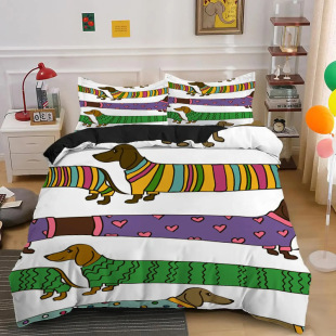 Cartoon Dachshund Duvet Cover Cute Dachshund Bedding suit Children's Pet Dog Printed Three-piece Set