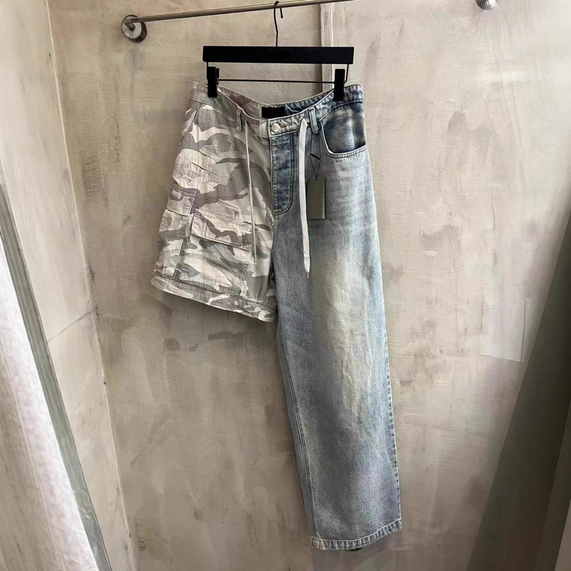 High-Quality B-Brand Camouflage Plaid Jeans Cargo Pants with Patchwork Denim Fabric, Loose Detachable Long Pants