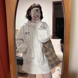 美式复古拉链连帽卫衣女秋冬2026新款花灰色宽松百塔开衫外套上衣