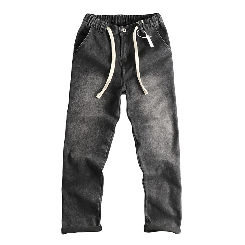 Men's Elastic Waistband Straight Leg Jeans Washed Distressed Black Grey Loose Fitting American Style Trousers_voghion.com