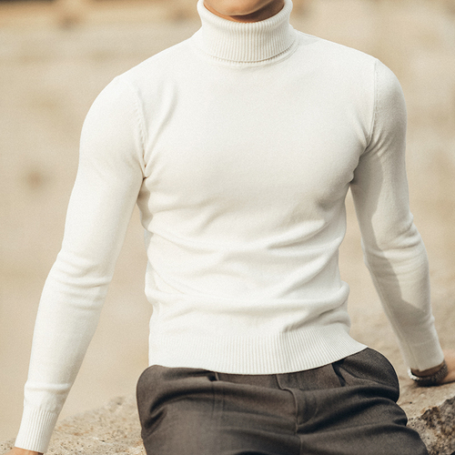 Men's Business Gentleman High-Neck Wool Knit Sweater, Autumn/Winter Stylish Fitted Warm Hooded Crewneck Top, Versatile Long Sleeve Iron-Free Base Shirt
