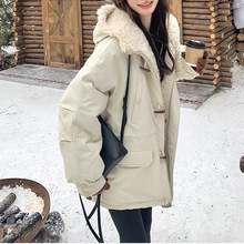 米白色休闲派克服女2025冬新款韩系学院风连帽保暖加绒羊羔毛棉衣