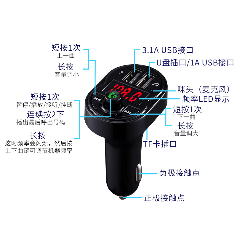 Southeast Asia Cross-Border Independent Station Manufacturer Supply Wireless Car Bluetooth Adapter Hands-Free Call U Disk/Tf Card Broadcast