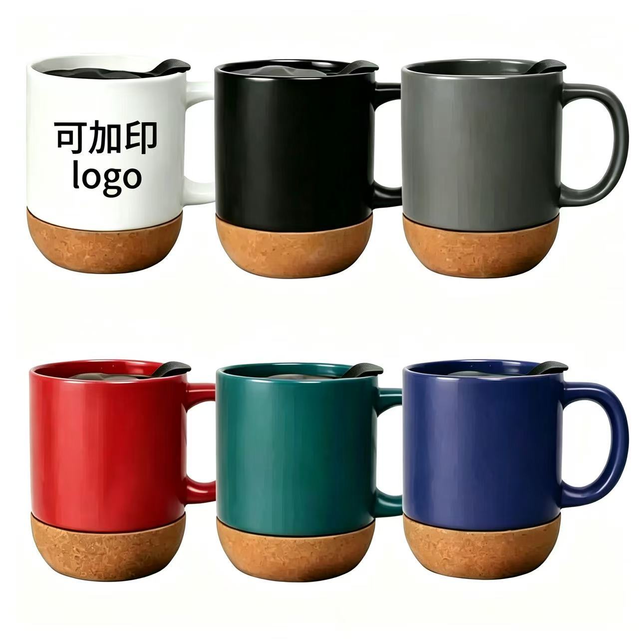 Cross-Border Manufacturers Supply Customized Simple Cork-Bottomed Mugs with Lids, Cork-Bottomed Ceramic Cups, and Milk Cups