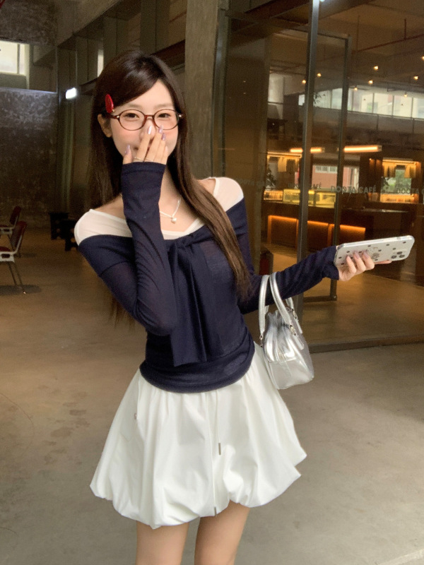 一字肩网纱拼接撞色绑带长袖T恤女2025初秋季显瘦修身打底衫上衣|undefined