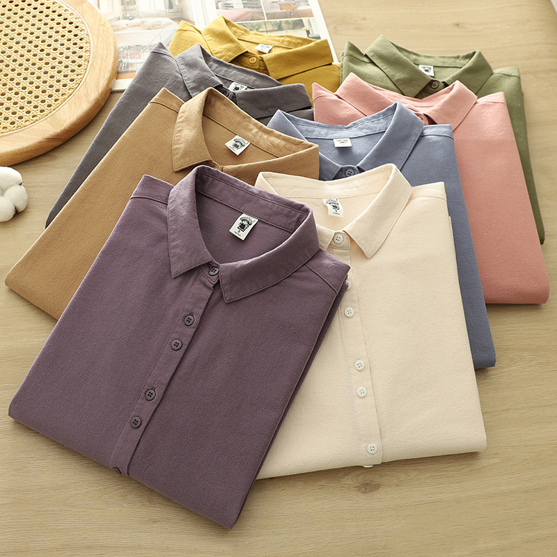 日系森女磨毛纯色双扣女士长袖开衫尖领衬衫批发潮