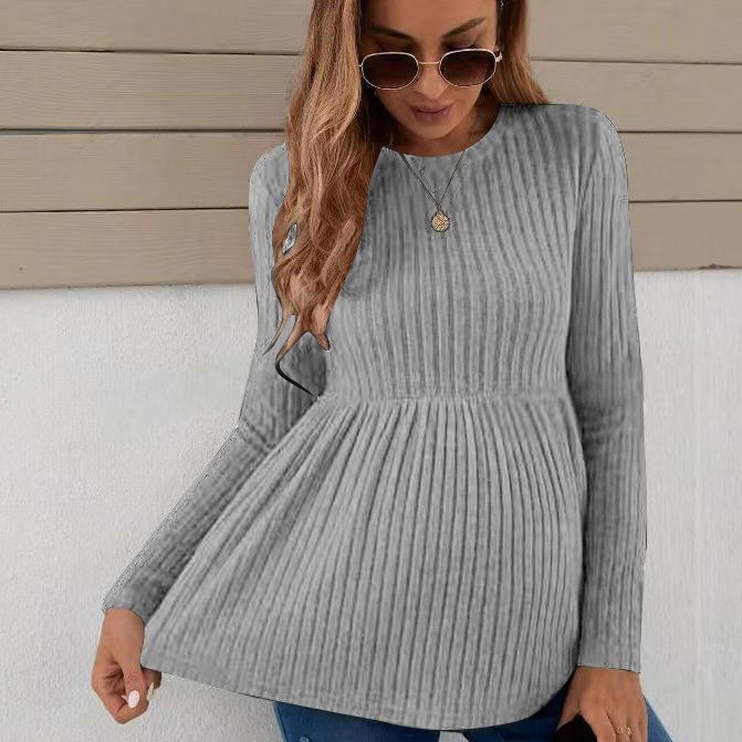 亚马逊秋冬新款百搭短款连衣裙欧美长袖孕妇上衣纯色套头孕妇T恤