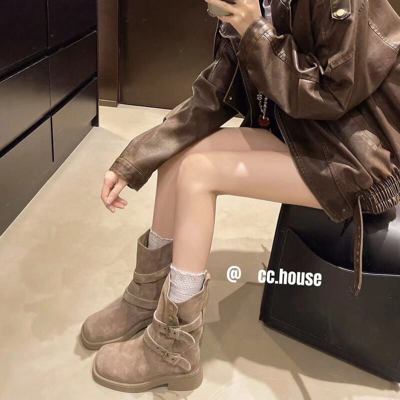 磨砂皮马丁靴女2025秋新款粗跟擦色真皮扣带中跟西部牛仔中筒靴潮|undefined