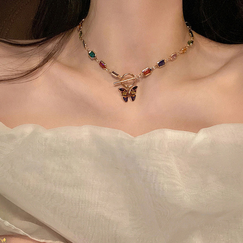 Colorful crystal butterfly necklace, retro French niche clavicle chain, versatile ins style summer light luxury necklace for women