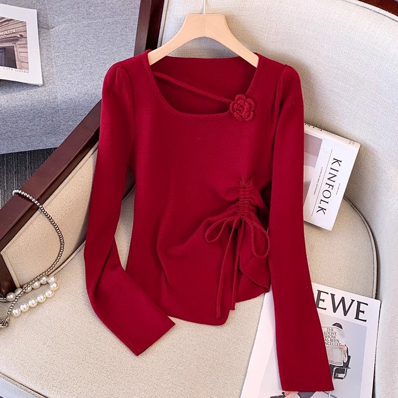 Pure Desire Slim-Fitting Apricot Three-Dimensional Flower Top Women's Autumn and Winter High-Quality Slimming Square Neck Inner Layering Shirt