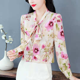 品牌春季新品法式设计感桑蚕丝飘带领衬衣通勤百搭气质衬衫上衣女