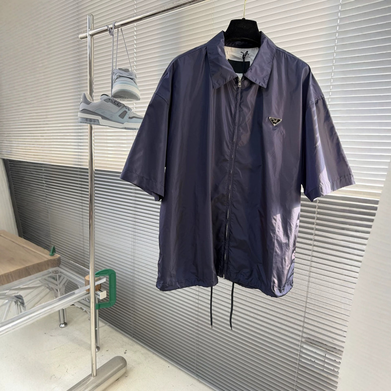 Milan Trendy Brand P's Triangle Logo Zipper Shirt, Summer Fashion Nylon Quick-Dry Versatile Loose Short-Sleeve T-Shirt