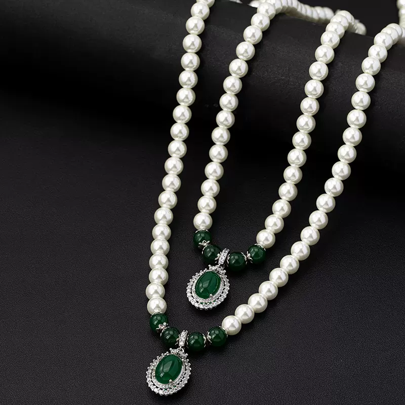 施家正圆珍珠项链女正品颈饰典雅玉髓送妈妈吊坠母亲节礼物项饰品