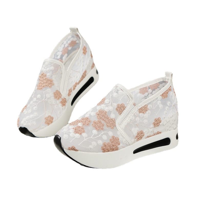 Zapatos individuales mujeres 2024 primavera versión coreana del nuevo encaje malla casual pies tacones altos elevan sandalias de mujer