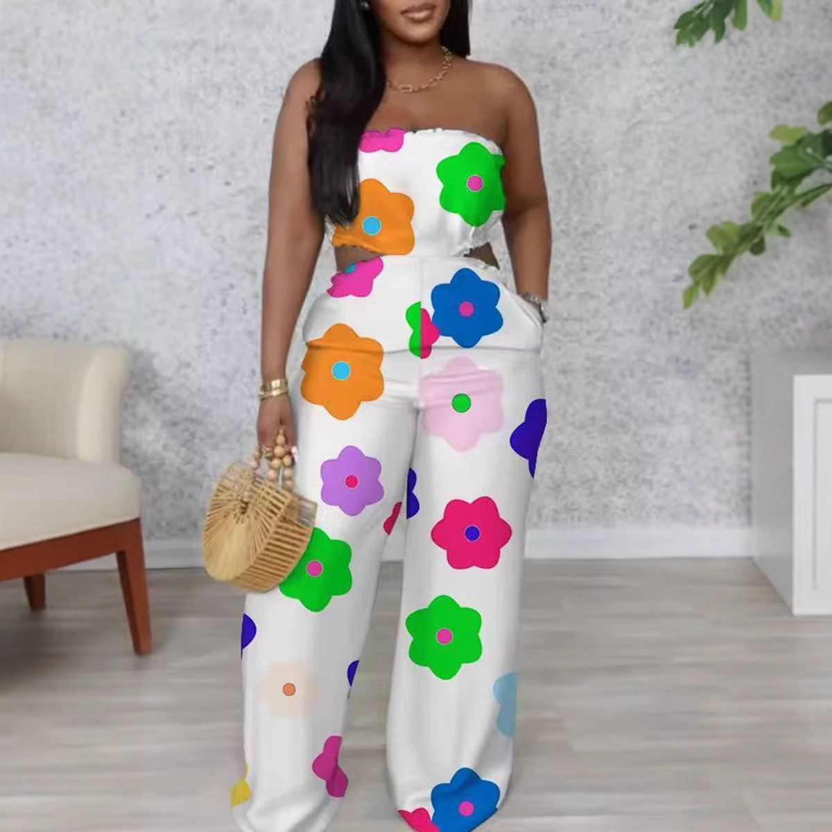 Elegant Strapless Printed Jumpsuit For Women Wide Leg Bottoms Casual Summer Polyester Thin Comfortable_ecoleips.com