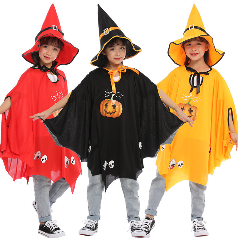 ハロウィン子供のマントの新型の女性の魔女の役はカボチャの服の帽子のマントのスーツを演じます。|undefined