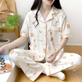 外贸夏季新款短袖长裤睡衣女开衫翻领套装简可外穿跨境家居服套装