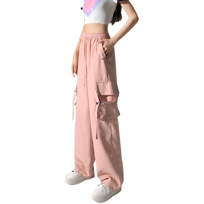 Mono rosa para mujer 2024 verano delgada cintura alta drapeado de secado rápido bolsillo ancho pierna casual Pantalones deportivos americanos para mujer