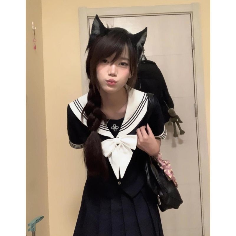 New Sailor-Style Long and Short Sleeve Shirts with a College Vibe and School Uniform Feel [Xiaoxia Summer] Jk Uniform Navy Blue Jk Short Skirt