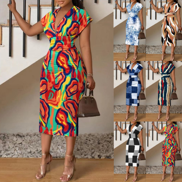 2024 Autumn New Amazon Aliexpress Cross-Border European and American V Neck Slim Fit Hip Sexy Commuting Women's Dress