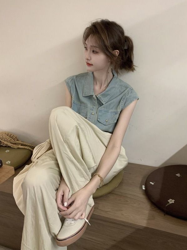 今年流行的牛仔衬衫马甲女2023夏季新款宽松显瘦百搭时尚短款马夹|undefined