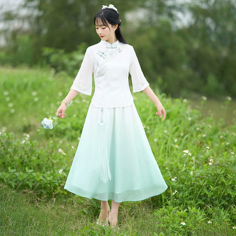 Женская одежда в новом стиле Китайской Республики, винтажный маленький свежий костюм Тан с вертикальным воротником в китайском стиле, короткий топ-чонсам, костюм для чайной одежды