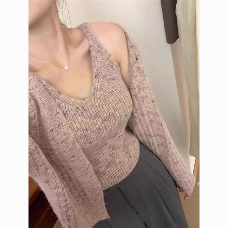 韩版春秋短款修身显瘦针织开衫吊带背心女两件套气质V领毛衣外套|undefined