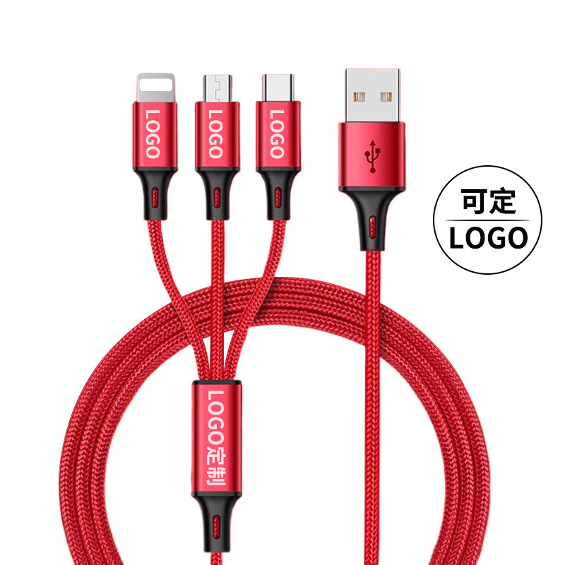 Cable de datos tres en uno con logotipo personalizado y diseño, regalo publicitario, cable de carga rápida para teléfono móvil tres en uno 3A hecho a medida