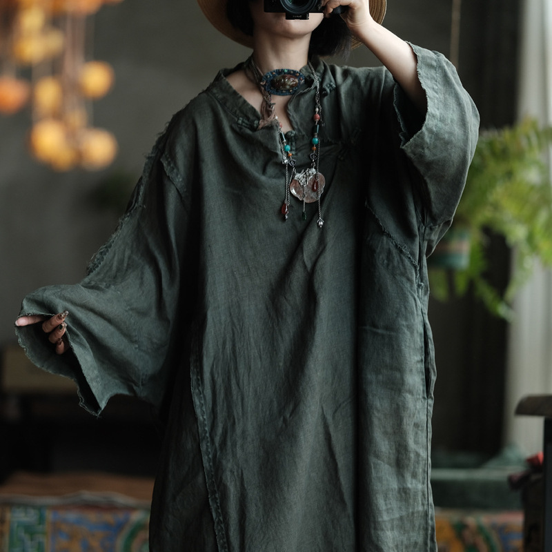 Little Mud Girl Original Design Snowflake Washed Vintage-Style Robe Chinese Linen Dress Zen Robe 1980 Green Little Mud Girl Original Design Snowflake Washed Vintage-Style Robe Chinese Linen Dress Zen Robe 1980 Green