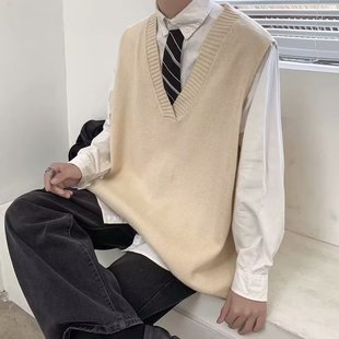 Autumn New bf College Style Solid Color V-neck Sweater Vest Men's Autumn and Winter Fashionable Loose Sleeveless Sweater for Couple