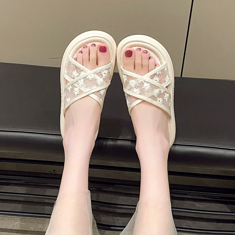 Женские летние босоножки в стиле феи, кружевные, французские, на толстой подошве, для вечерних выходов и пляжа, 2025 года.