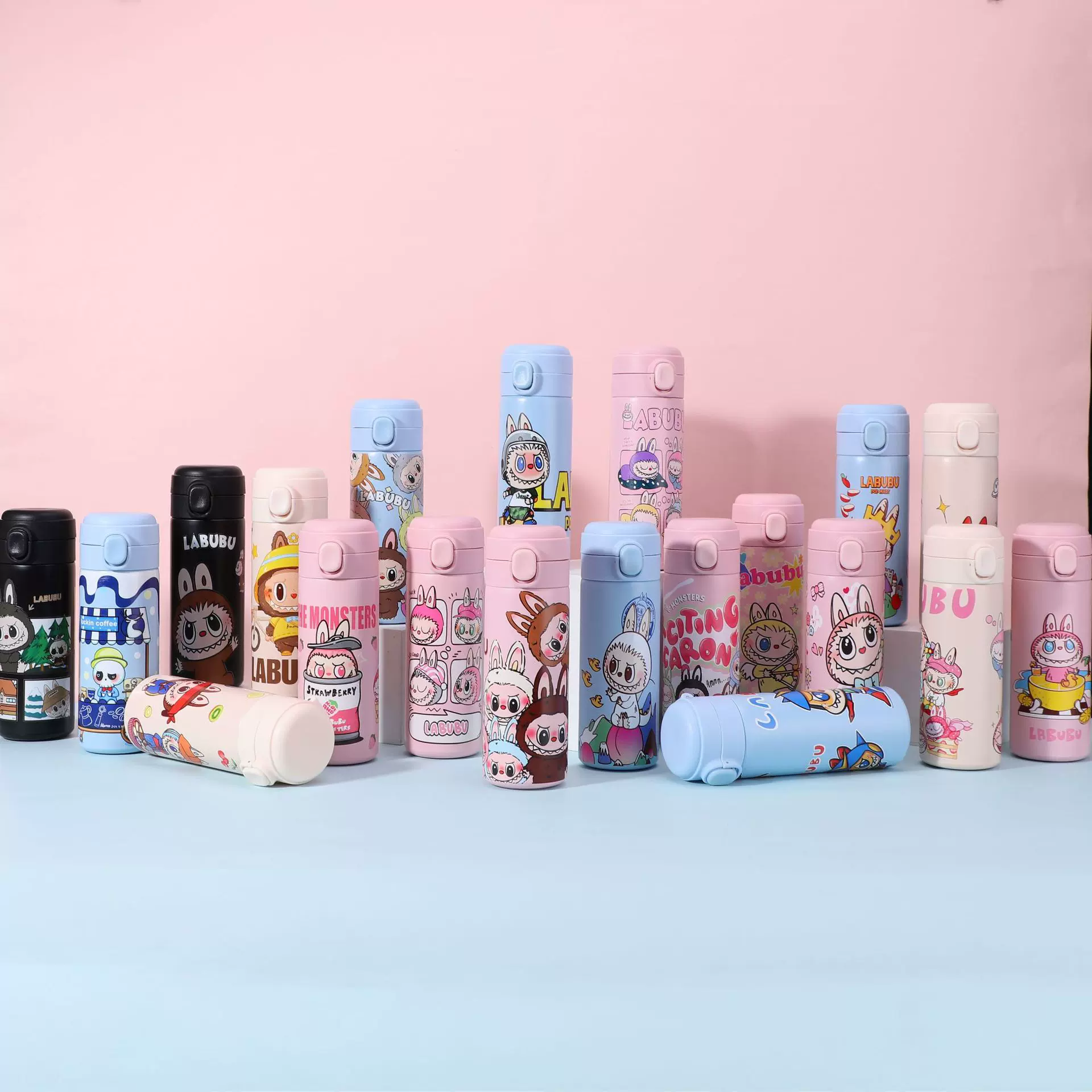 外贸labubu卡通图案弹跳杯车载豌豆杯高颜值304不锈钢真空保温杯