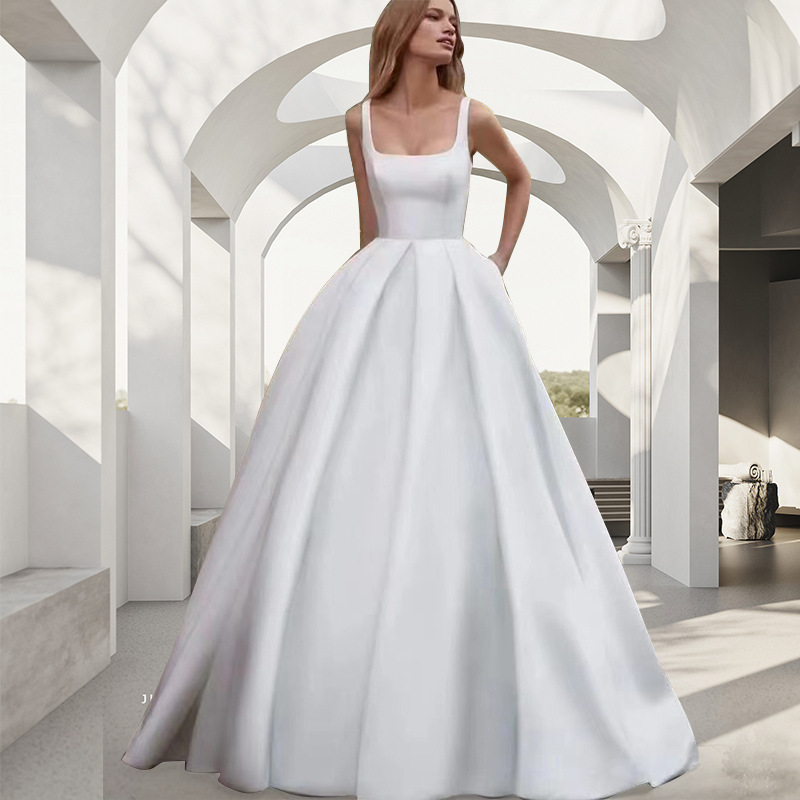 French Sling Light Wedding Dress High-end Feeling License White Dress Satin Simple Outdoor Travel Photo Mori Graduation Dress