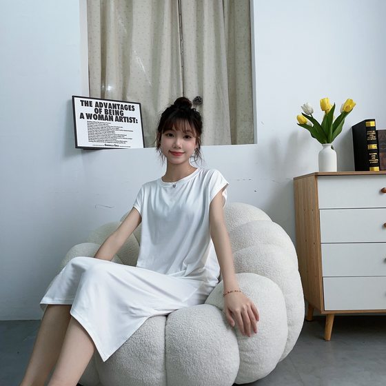 Summer Sleeveless Belly Covering Age-reducing All-match Mid-length Split dress Solid Color Casual Loose Vest Nightdress for Women