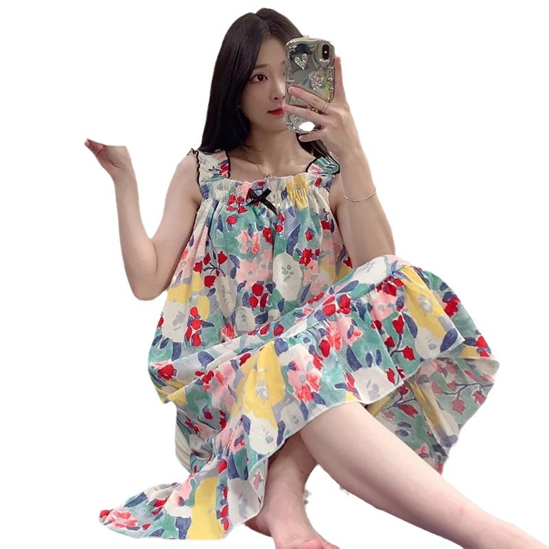 Pijama de mujer de verano dulce chaleco de cinturón de pecho espuma tejida tela arrugada pijama de mujer de verano vestido lindo