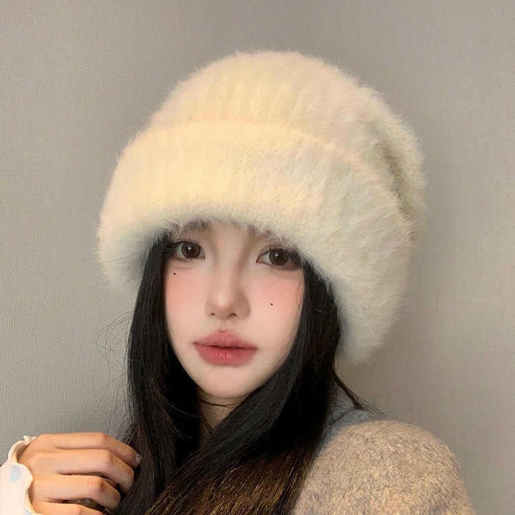 大头围加绒加厚兔毛毛线帽秋冬季甜美百搭帽子女显脸小护耳堆堆帽|undefined