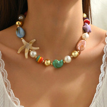 ins时尚跨境热销女饰品仿真亚克力海星珍珠项链镀18k金小铜珠项链
