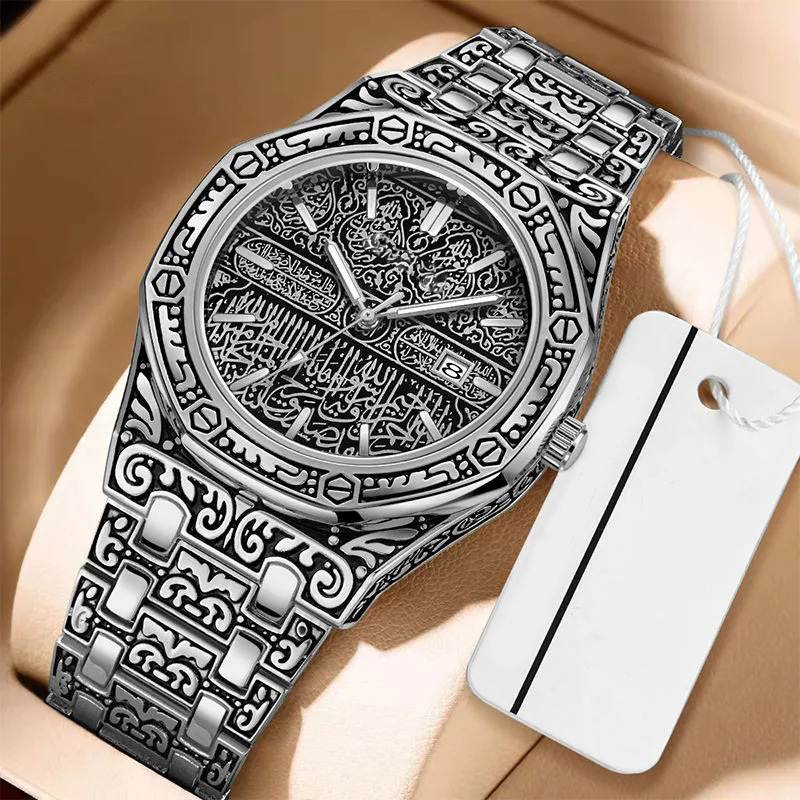 Foreign trade new bronze vintage embossed men's steel band Men's Watch Rivet shell Tuhao gold men's calendar quartz watch