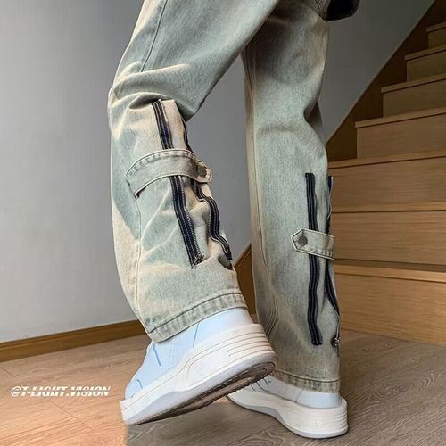 Men's Yellow Clay Color Denim Jeans Spring and Autumn Season Streetwear Cool Gangster American Style Micro Bell-bottom High Street Vibe Straight Leg Wide Leg Pants